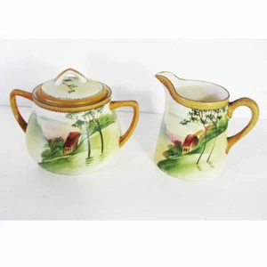 Nippon Set Zuccheriera Creatrice Dipinta A Mano, Scena Paesaggio Incontaminata - Foto 1 di 12