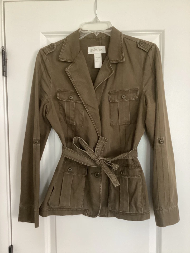 Chaqueta de Carga London Jean Para Mujer Verde Oliva Utilitaria Talla S 100% Algodón con Cinturón Foto 1 de 4