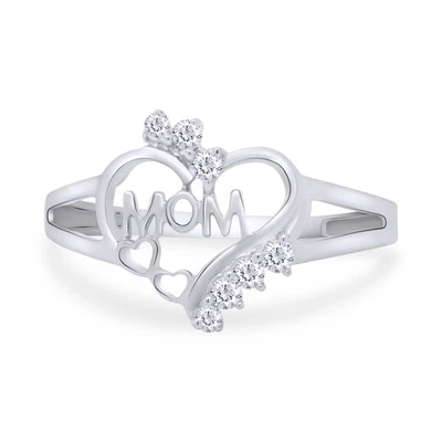 1/9 Ct Diamond Mom Heart Ring Band 14K White Gold Lab Grown - Image 1 of 4