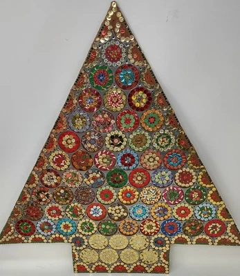 Shiny Vintage Mid Century Folk Art Christmas Tree 18 in Kitschy Metal on Wood - Image 1 of 4