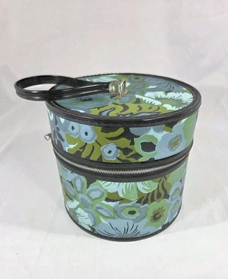 "De colección MCM 1960 Flower Power MOD Peluca Estuche Viaje Sombrero Caja Cremallera Azul Verde 9.5""" Foto 1 de 4