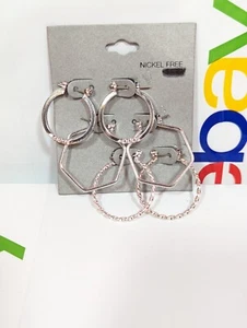 Nickel Free Set Of 3 Hoop Multiple shaped stud fashion Silver Earrings. - Picture 1 of 6