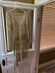 Blumarine gold/aqua rayon blend floral lace tiered skirt sash dress w/slip sz 10 - Picture 1 of 16