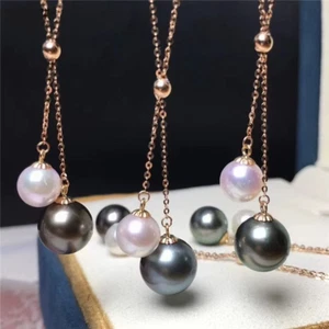 18 "AAAA Round 7-9mm White Black South Sea Natural Pearl Necklace 925s - Picture 1 of 3