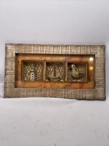 Shadow Box Framed Shell Art Beach Coastal Boat Lighthouse Decor 14”x7.5” - Picture 1 of 11