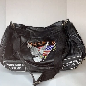 Black Leather Motorcycle Sissy Bar Barrel Bag Patch USA Flag Eagle Faux Harley. - Bild 1 von 12