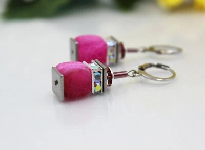 Würfelohrringe Ohrhänger Würfel Perlen Achat Pink Strass Edelstahl #L036 - Bild 1 von 4