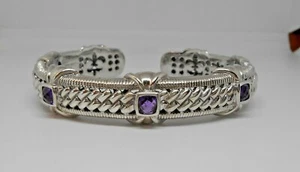 Judith Ripka Bracelet Sterling Silver Hinged Wide Cuff Checker Cut Amethyst - Picture 1 of 4