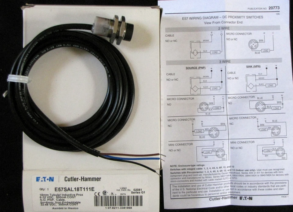 E57SAL18T111E Eaton Cutler Hammer Tubular Inductive Proximity 6~48 VDC 18mm PNP - Image 1 of 1