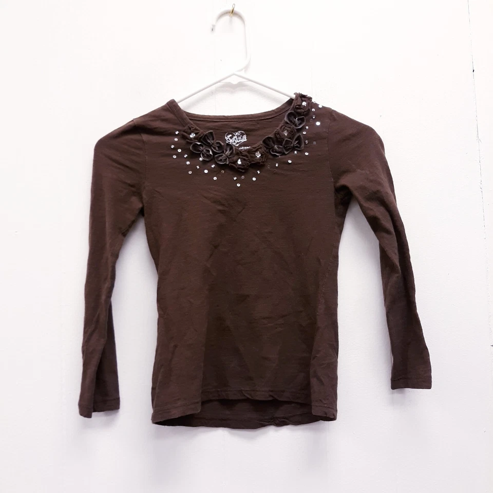 Justice Girls Top Sweater Size 8 with sequins long Sleeve brown  - Image 1 of 4