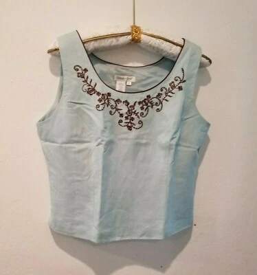 Regata feminina Coldwater Creek bordada mistura de linho tamanho 16 sem mangas gola redonda - Imagem 1 de 4