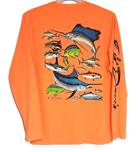 FH Davis Men's T-Shirt Orange Long Sleeve Swordfish Fishing UPF30 Size M Syntrel - Picture 1 of 8