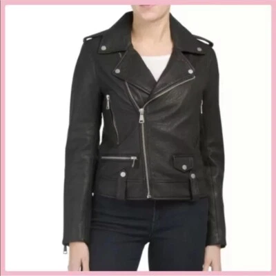 Chaqueta de moto de cuero genuino negra para mujer 7 for all humanity pequeña $695 nueva con etiqueta Foto 1 de 4