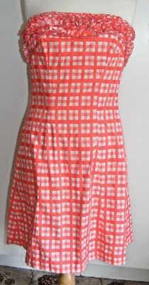 Vintage 1960s cotton dress strapless red white checked ruffle neckline Size 8 UK - Image 1 of 4