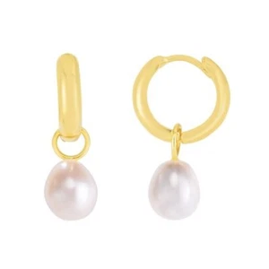 14k Yellow Gold Huggie Hoop with Dangle Pearl Drop Earrings - Picture 1 of 6