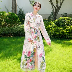 Frühling Damen Lange Trenchcoats Mäntel Blumenmuster Overknee Zweireiher - Bild 1 von 6