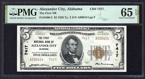 🇺🇸AL 1929 $5 TYPE-TWO ♚♚ALEXANDER CITY, ALABAMA♚♚ PMG GEM UNC 65 EPQ AMAZING! - Picture 1 of 3