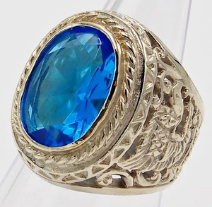 RING MEN BLUE TOPAZ SYN SILVER BRONZE GARUDA EAGLE VINTAGE LOOK SIZE 8.75 - Picture 1 of 1