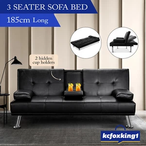 3 Seater Sofa Bed Couch Lounge Futon Mattress Leather Recliner with Cup Holders - Picture 1 of 12