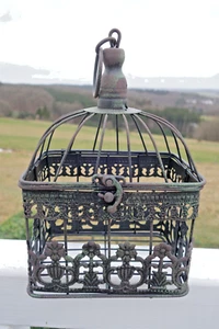 Dekokäfig Pflanzkorb Haus Garten Deko 24x16x12cm Eisen Braun Grün Retro Stil NEU - Bild 1 von 4