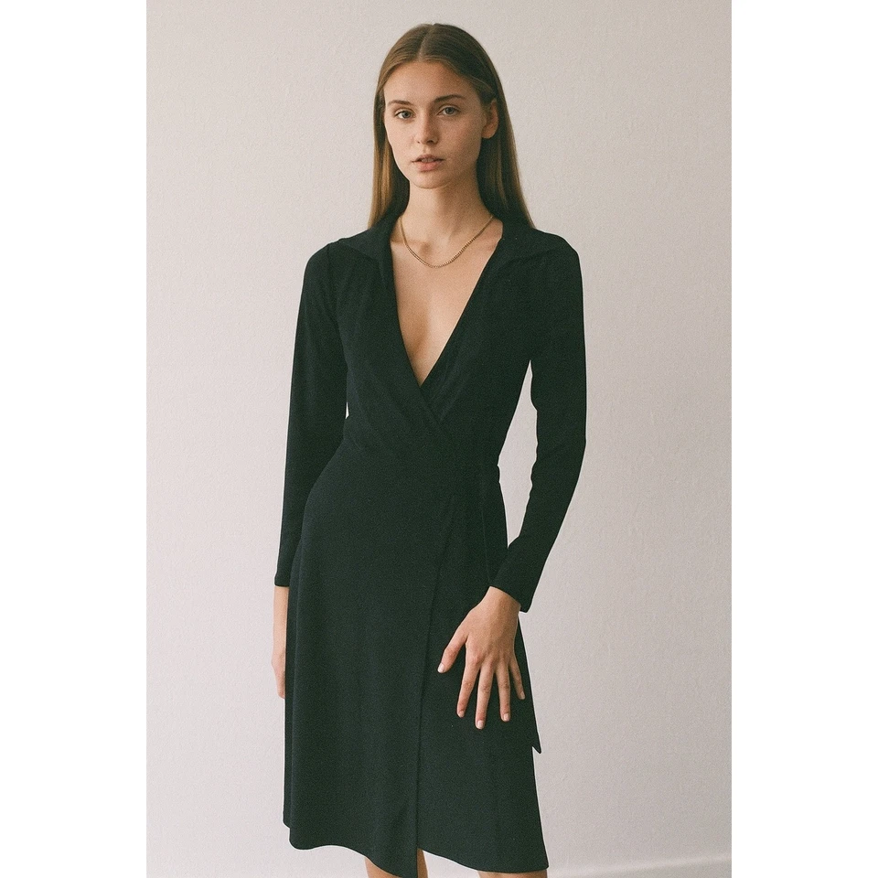 Vestido Tiana B Envolvente Negro Vintage Talla S Hasta la Rodilla Manga Larga Cóctel Fiesta Foto 1 de 4