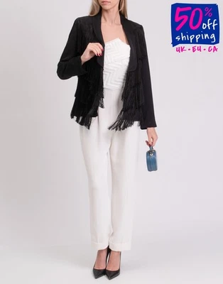 RRP€405 TWINSET Crepe Blazer Jacket IT44 US8 UK12 M Black Fringe Lined — 第 1/4 张图片