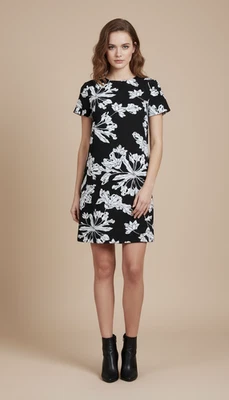 Banana Republic Black White Floral Short Sleeve Mini Shift Dress Petite Size 0P - Image 1 of 4