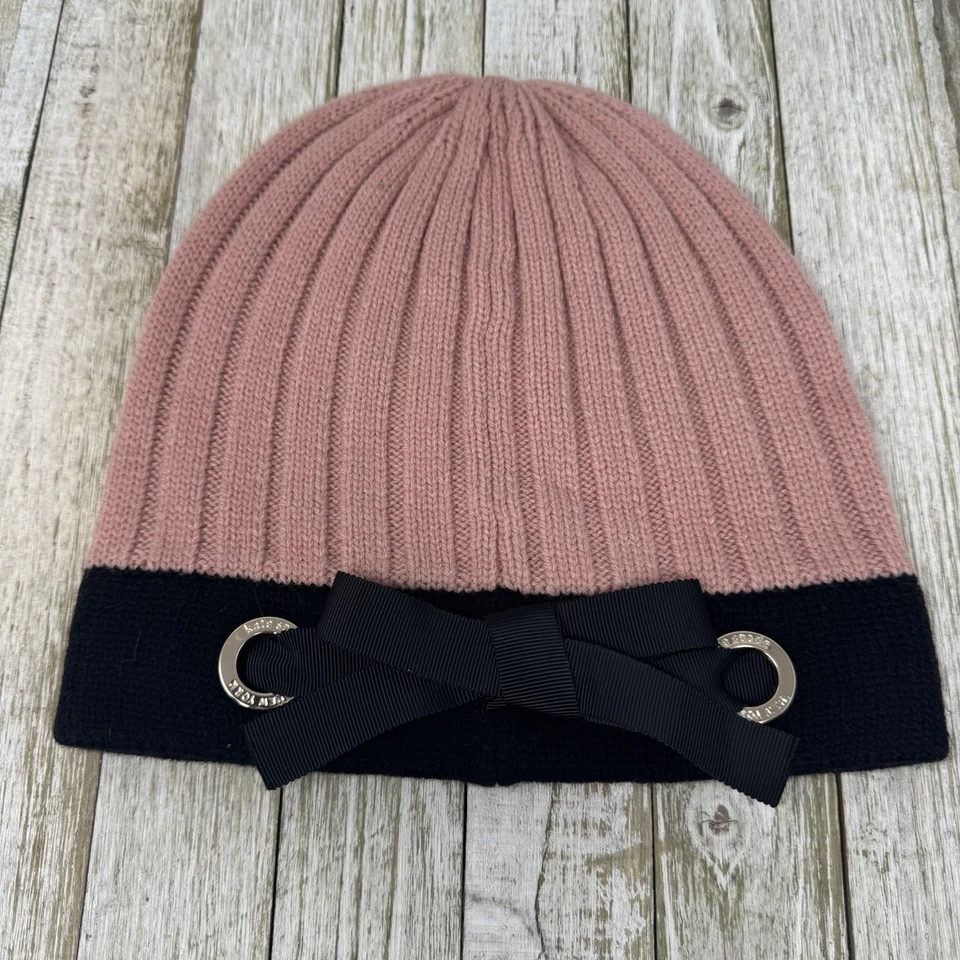 NWOT Kate Spade Knit Hat Black Bow One Size Pink Beanie Winter Warm - Image 1 of 4