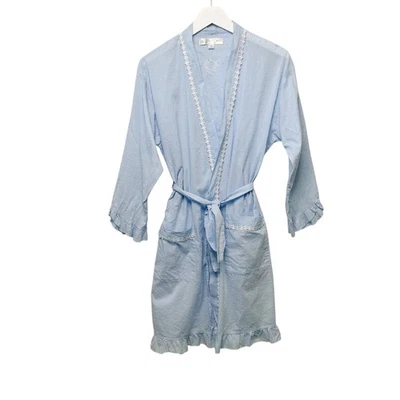 EILEEN WEST Lace Trimmed Swiss Dot Textured Cotton Belted Robe Blue White Sz S/M - Image 1 of 4