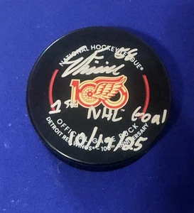 Detroit Red Wings EMMITT FINNIE Signed 100th Anniversary Game Puck JSA - Picture 1 of 2