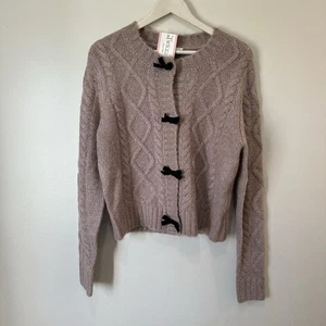 In Loom Wolle Zopfmuster Strickjacke Samt Akzent Schleife Druckknopf Damen Gr. Klein - Bild 1 von 11