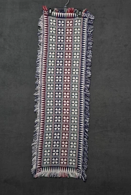 VTG Cotton Table Runner Red Green Blue Geometric Floral Pattern 44"x12" Fringe - Image 1 of 4