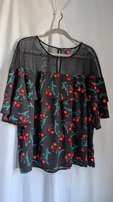 Vince Camuto Sheer Floral Black Blouse Ruffle Flutter Yoke Shoulder Top Large - Image 1 of 4