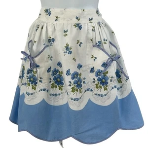Vintage 1950's Half Apron Floral Blue White Pockets Tie Waist Flowers - Picture 1 of 8
