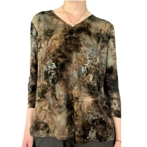 White Stag Women's Brown Print V-Neckline 3/4 Sleeve Pullover Blouse Size Large - Picture 1 of 13