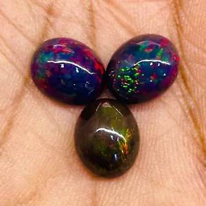 3 Pcs Natural Ethiopian Black Opal 11x9mm Oval Flashy Loose Cabochon Gemstones - Picture 1 of 15