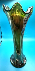Vintage Fenton Diamond & Rib Green Metallic Swung Carnival Glass Vase 10.5 - Picture 1 of 24