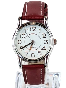 Rote Schulmädchen Uhr von M Z Berger mit silberfarbenem Gehäuse rotes Lederband NEU BATT - Bild 1 von 9