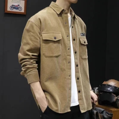 Men's Loose Work Jacket Spring Fall Corduroy Shirt Casual Cargo Long Sleeves Top - Image 1 of 4