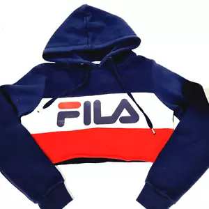 FILA Cropped Hooded Jumper Size XS Womens Blue White Red Striped Logo Hooded - Picture 1 of 12