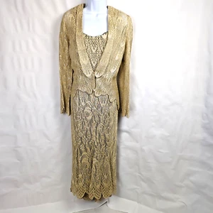 2PC Set: Damianou Lace Crochet Gold Metallic Whimsigoth Maxi Dress+Jacket Sz M - Picture 1 of 16