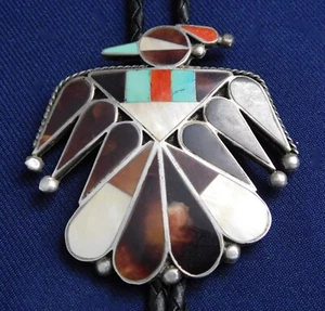 ZUNI STERLING MULTI STONE Inlay HANDMADE Vintage THUNDERBIRD BOLO TIE Estate - Picture 1 of 3