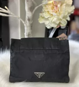 PRADA BLACK LOGO PLATE NYLON VELCROE COSMETIC HYGIENE POUCH BAG - Picture 1 of 8
