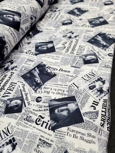 NEWSPAPER WEEKLY NEWS NEWSPRINT COTTON FABRIC SOLD BY THE YARD BLACK WHITE - Picture 1 of 13