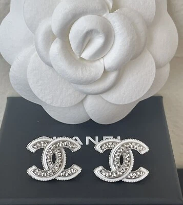 CHANEL CC LOGO 2 Tone Silver Clear Crystals /white enamel Earrings 2025 NWT - Image 1 of 4