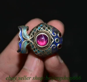 1.4" Antiguo Esmalte Chino Plata Luz de Estrellas Piedra Gemas Peces Joyería Anillo Estatua A91 - Imagen 1 de 8