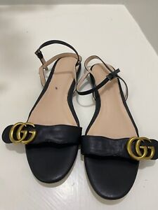 Gucci Shoes GG Gold Logo Marmont Black Leather Flat Ankle Strap Sandals Women 10