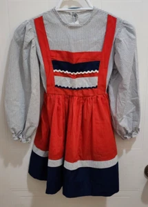 Vintage Sears Kids L/S Apron Bib Dress Girls Sz 7 Prairie Dirndl German Bavarian - Picture 1 of 16