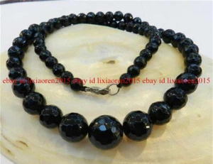 Charm 6-14mm Faceted Black Agate Round Onyx Gems Beads Necklace 18" AAA - Picture 1 of 12