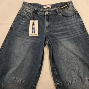 NWT Ashley Mason Premium Juniors  Barrel Baggy Raw Hem Jeans Y2K Vibes Size 9/29 - Picture 1 of 17
